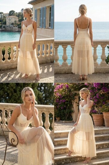 Robe longue crème élégante en dentelle et tulle