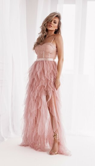 Robe blanche en tulle avec  fente et bustier en dentelle