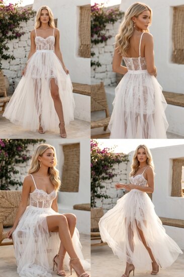 Robe blanche en tulle avec sous-ton nude, fente et bustier en dentelle