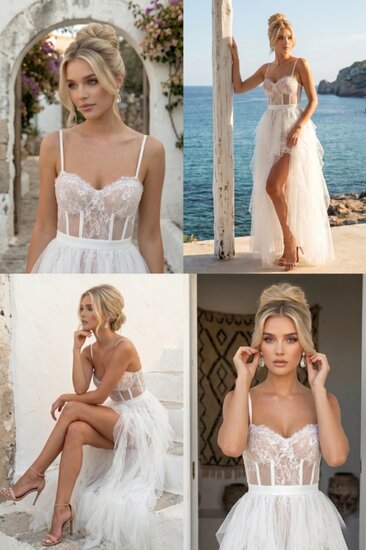 Robe blanche en tulle avec sous-ton nude, fente et bustier en dentelle