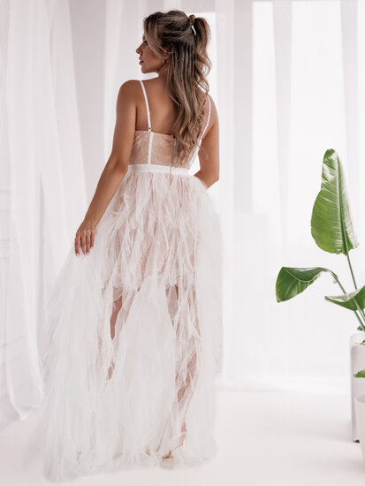 Robe blanche en tulle avec sous-ton nude, fente et bustier en dentelle