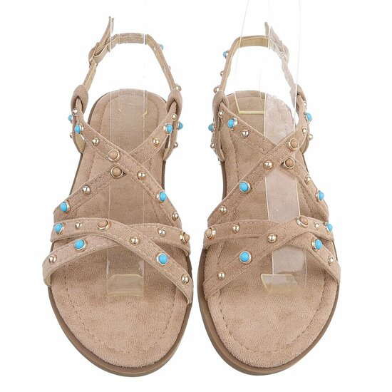 Kaki sandalen met turquoise details en studs-Lorena