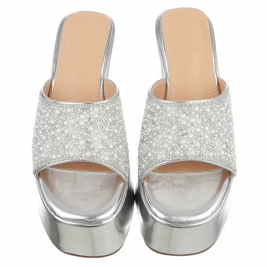 Zilveren platform slippers met parels en strass-Annica