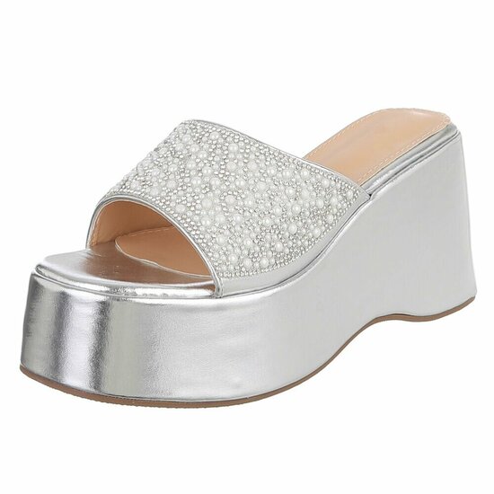 Zilveren platform slippers met parels en strass-Annica