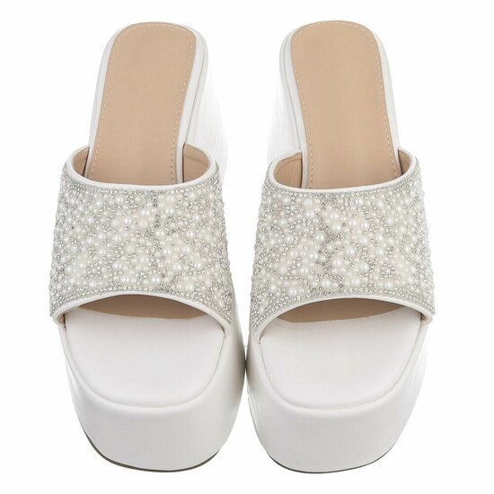 Witte platform slippers met parels en strass-Annica
