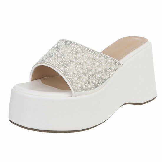 Witte platform slippers met parels en strass-Annica