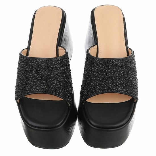 Zwarte platform slippers met parels en strass-Annica
