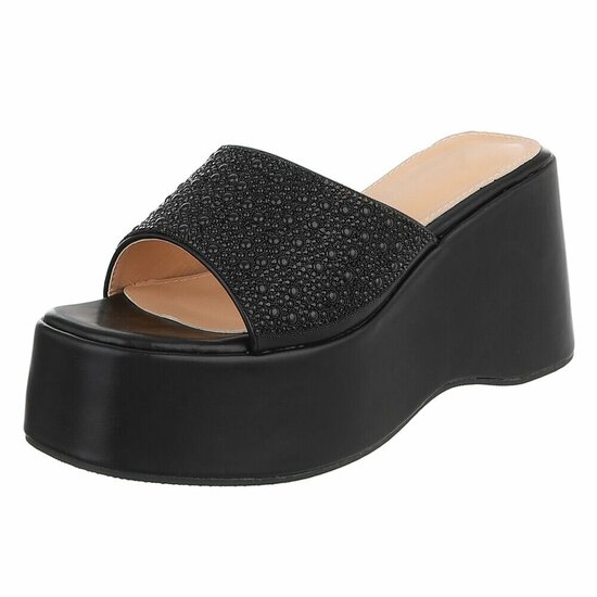 Zwarte platform slippers met parels en strass-Annica