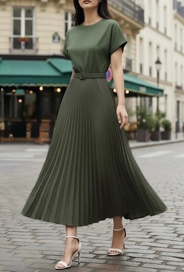 Kaki plissé maxi jurk met ceintuur