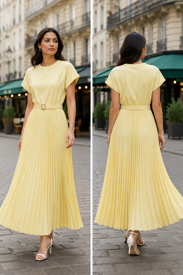 Gele plissé maxi jurk met ceintuur