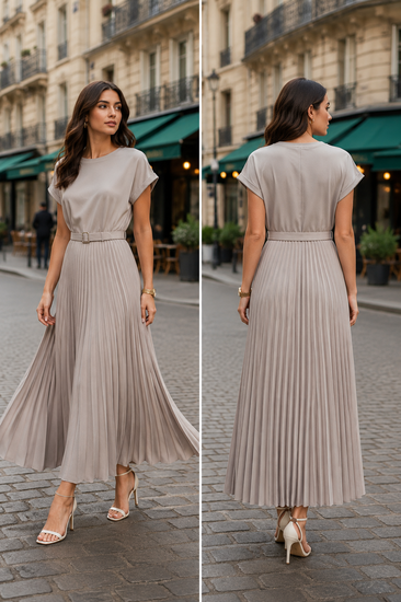 Taupe plissé maxi jurk met ceintuur
