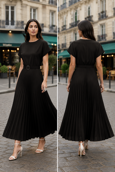 Bruine plissé maxi jurk met ceintuur