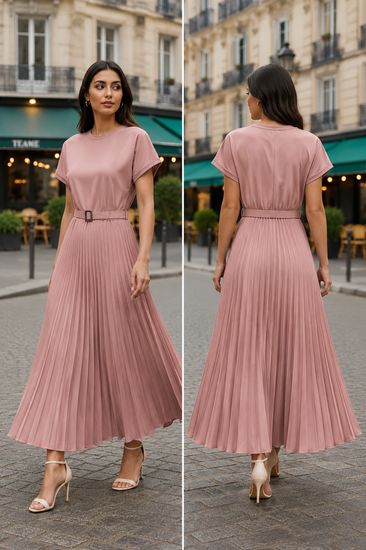 Roze plissé maxi jurk met ceintuur