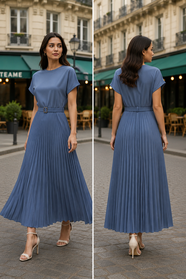 Blauwe plissé maxi jurk met ceintuur