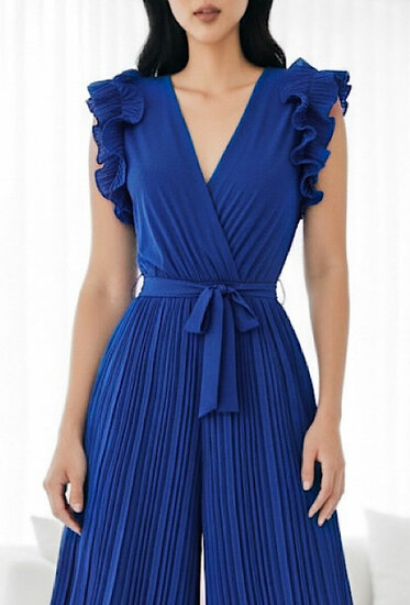 Elegante blauwe plisse jumpsuit