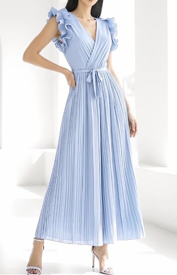 Elegante licht blauwe plisse jumpsuit