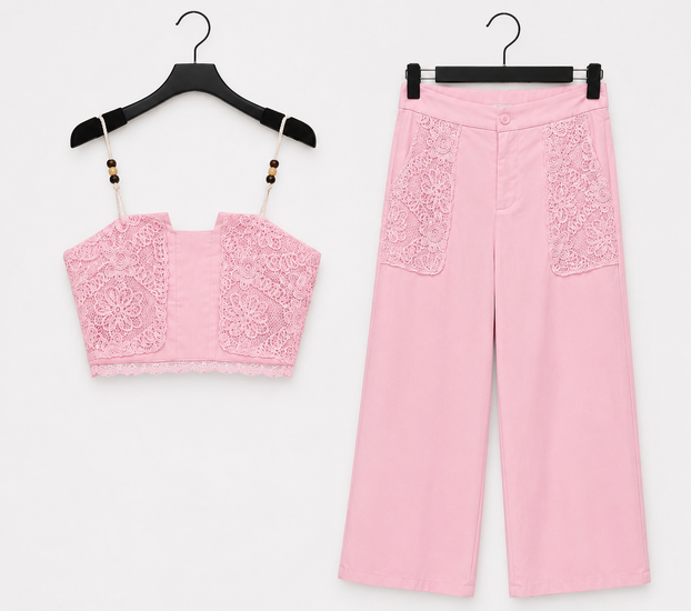 Roze kanten co-ord set met crop top en wide leg broek