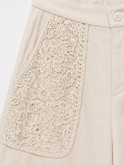 Beige kanten co-ord set met crop top en wide leg broek