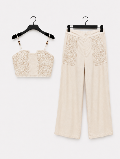 Beige kanten co-ord set met crop top en wide leg broek