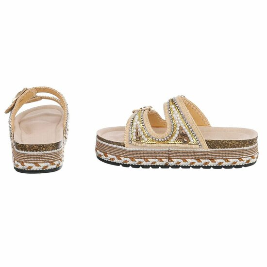 Beige boho luxe plateau slippers met parels en strass-Aviva