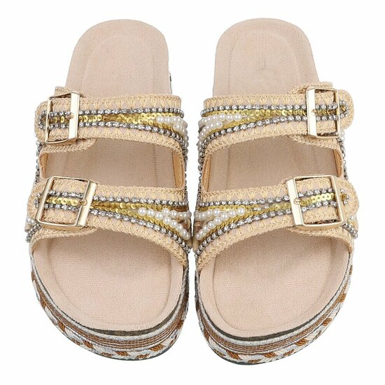 Beige boho luxe plateau slippers met parels en strass-Aviva