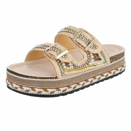 Beige boho luxe plateau slippers met parels en strass-Aviva