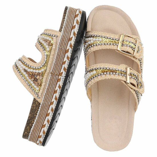 Beige boho luxe plateau slippers met parels en strass-Aviva