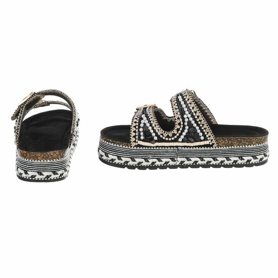 Boho zwarte luxe plateau slippers met parels en strass-Aviva