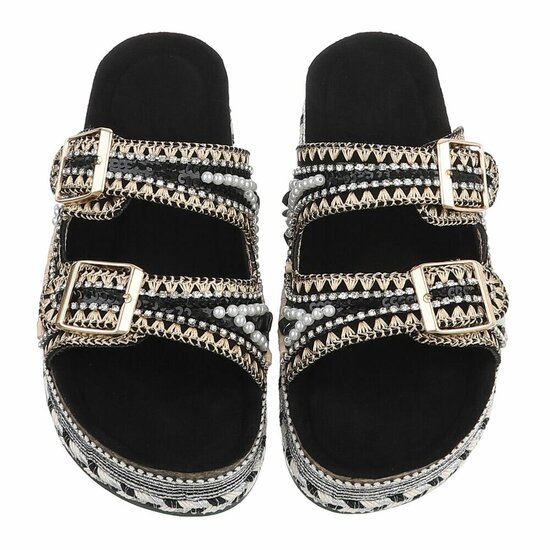 Boho zwarte luxe plateau slippers met parels en strass-Aviva