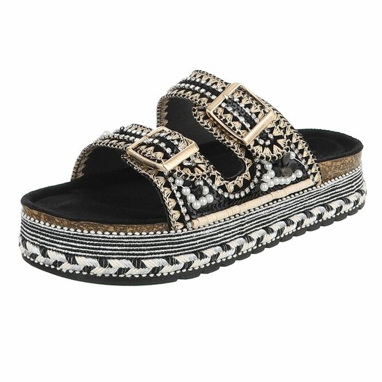 Boho zwarte luxe plateau slippers met parels en strass-Aviva
