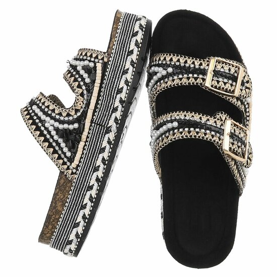Boho zwarte luxe plateau slippers met parels en strass-Aviva