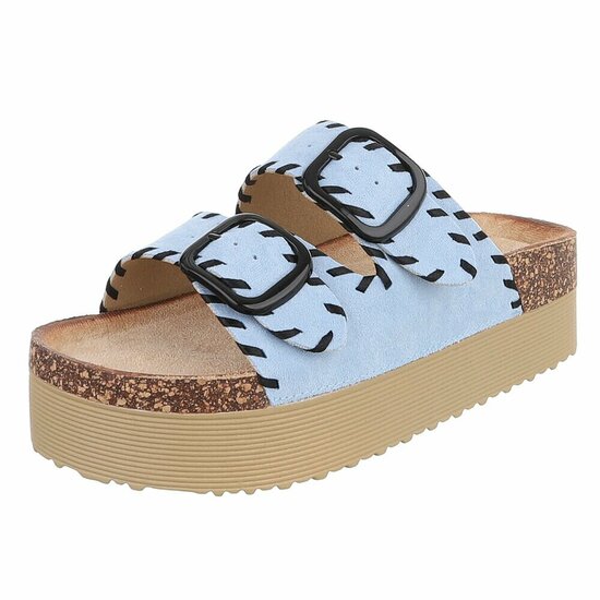 Lichtblauwe plateau slippers met dubbele gesp-Dita