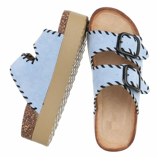 Lichtblauwe plateau slippers met dubbele gesp-Dita