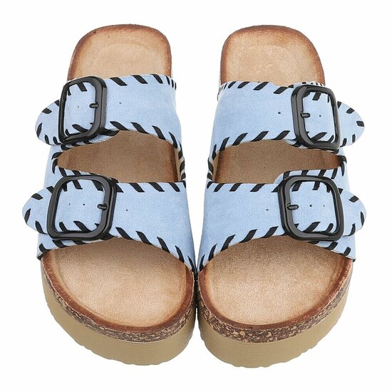 Lichtblauwe plateau slippers met dubbele gesp-Dita