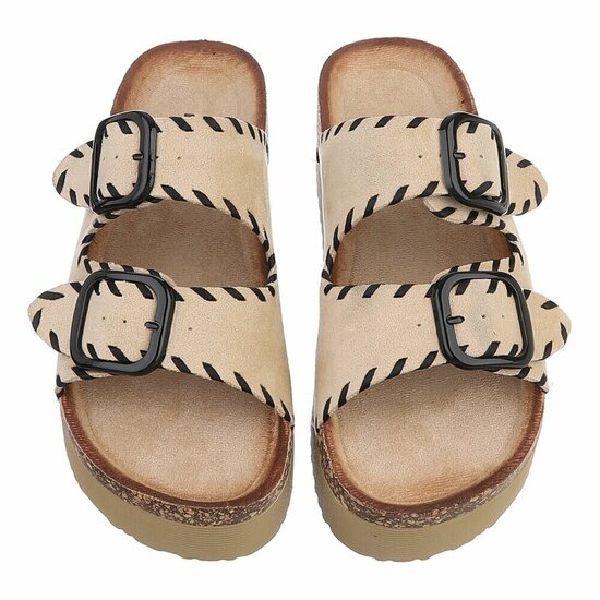Beige plateau slippers met dubbele gesp-Dita