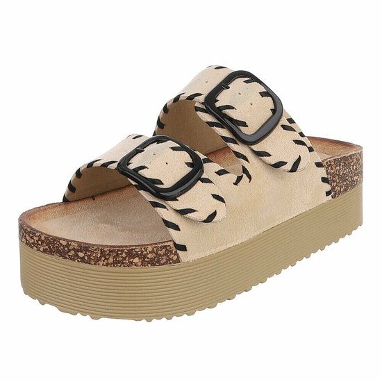 Beige plateau slippers met dubbele gesp-Dita