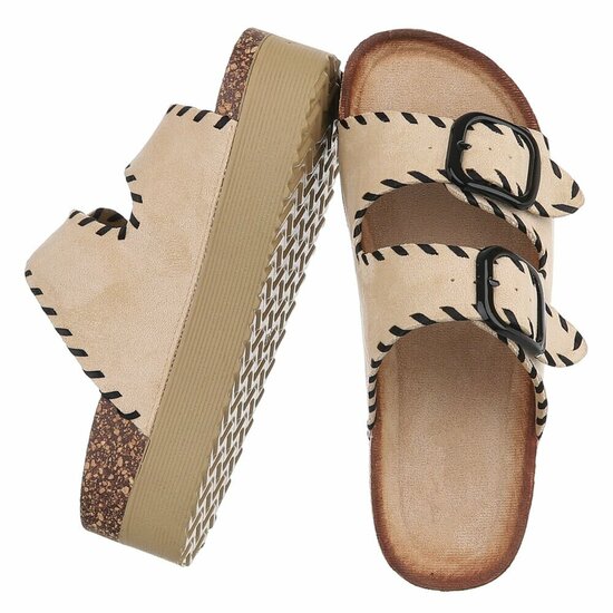 Beige plateau slippers met dubbele gesp-Dita