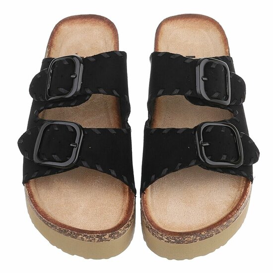 Zwarte plateau slippers met dubbele gesp-Dita