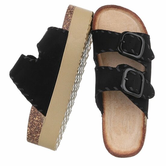 Zwarte plateau slippers met dubbele gesp-Dita