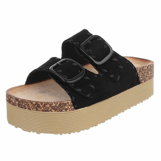 Zwarte plateau slippers met dubbele gesp-Dita