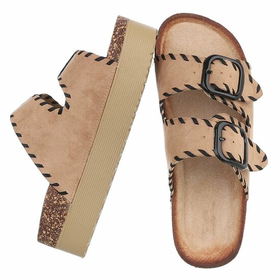 Kaki plateau slippers met dubbele gesp-Dita