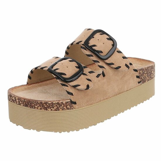 Kaki plateau slippers met dubbele gesp-Dita