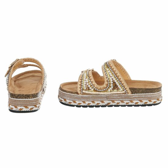 Boho camel luxe plateau slippers met parels en strass-Aviva