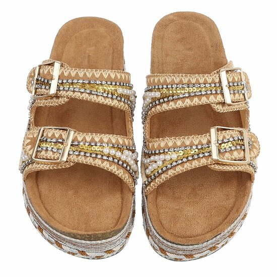 Boho camel luxe plateau slippers met parels en strass-Aviva