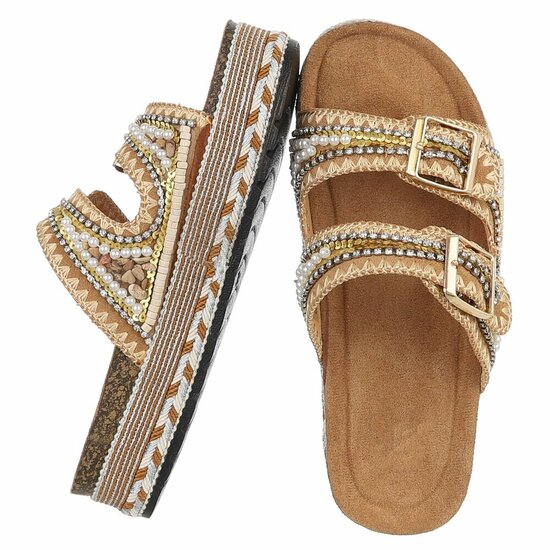 Boho camel luxe plateau slippers met parels en strass-Aviva