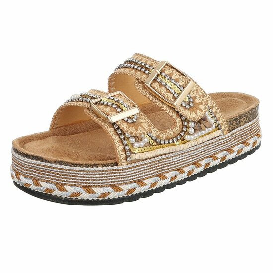 Boho camel luxe plateau slippers met parels en strass-Aviva
