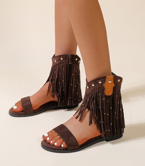 Bruine suède sandalen met franjes en studs-Nava