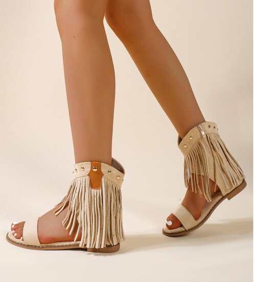 Beige suède sandalen met franjes en studs-Nava
