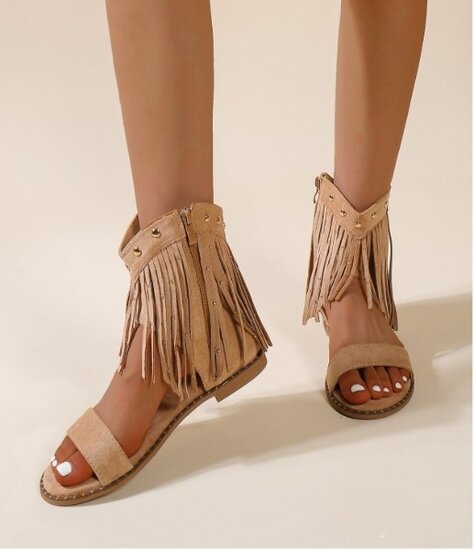 Kaki suède sandalen met franjes en studs-Nava