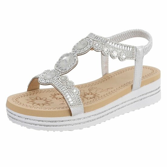 Zilveren plateau sandalen met strass en elastische hielband-Helma